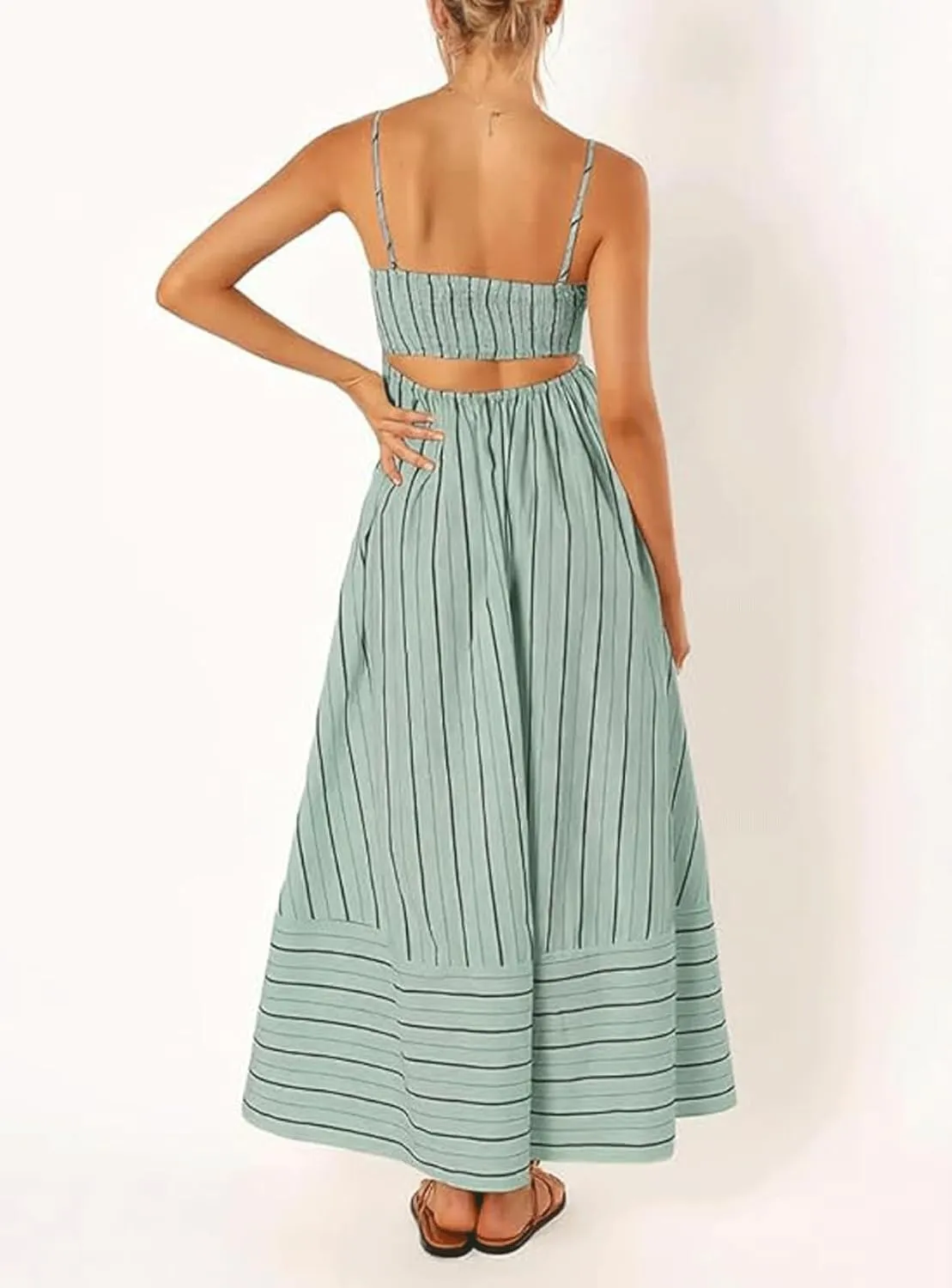 utcoco Womens Summer Striped Back Smocked Maxi Sundresses Spaghetti Strap Cut Out Flowy Swing A Line Long Dress