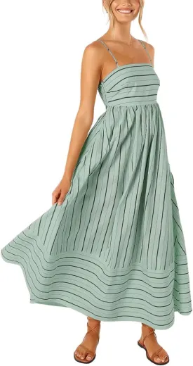 utcoco Womens Summer Striped Back Smocked Maxi Sundresses Spaghetti Strap Cut Out Flowy Swing A Line Long Dress