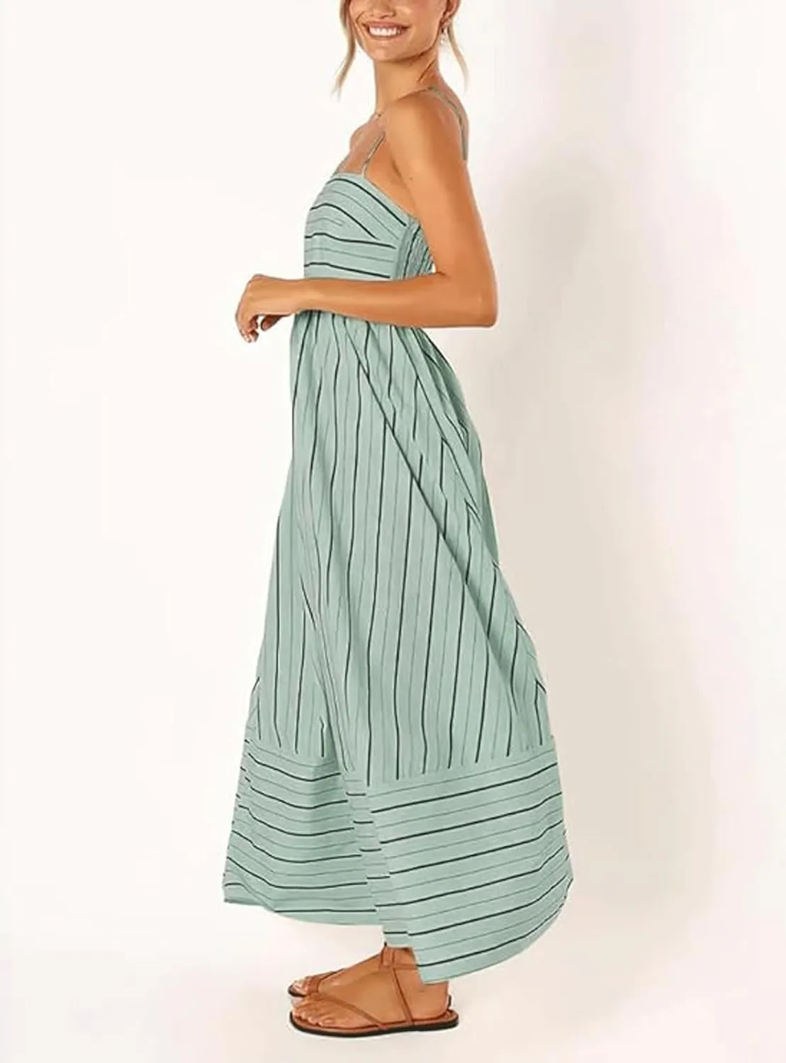 utcoco Womens Summer Striped Back Smocked Maxi Sundresses Spaghetti Strap Cut Out Flowy Swing A Line Long Dress