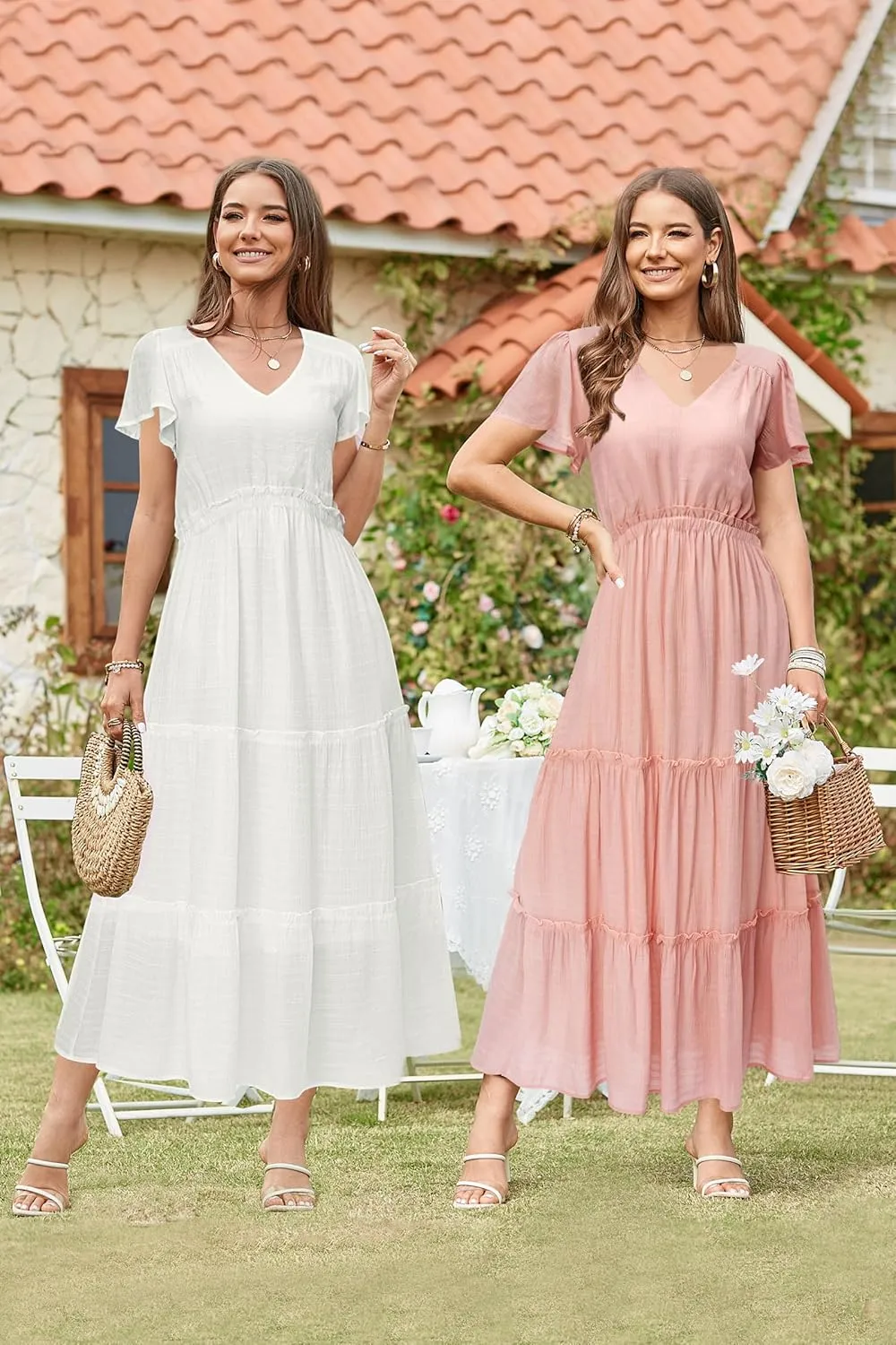 VOTEPRETTY Women's 2025 Summer Boho Maxi Dresses Flutter Short Sleeve V Neck Casual Beach Wedding Guest Vacation Long Dress