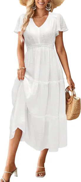VOTEPRETTY Women's 2025 Summer Boho Maxi Dresses Flutter Short Sleeve V Neck Casual Beach Wedding Guest Vacation Long Dress
