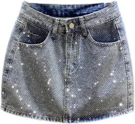 Women Denim Skirt Full Diamond Slim High Waist A-line Wrap Hip Mini Skirts Summer