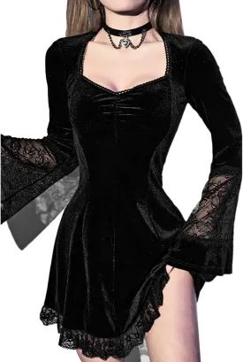 Women Gothic Dress,Flare Sleeve Velvet Dress Black Lace Goth Vintage Dresses Clothes