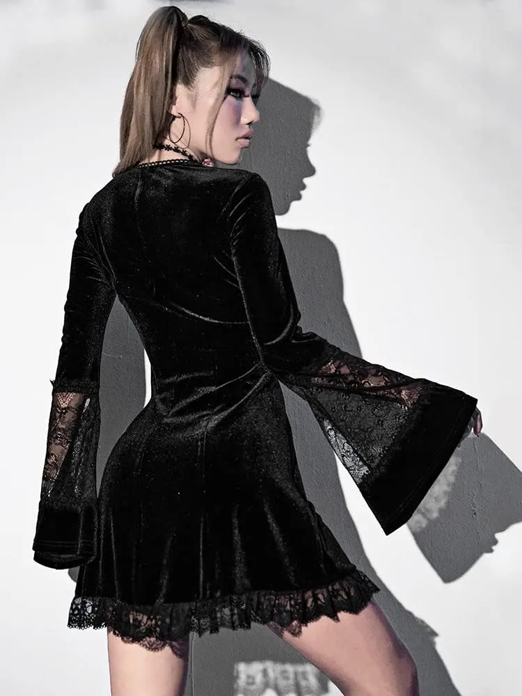 Women Gothic Dress,Flare Sleeve Velvet Dress Black Lace Goth Vintage Dresses Clothes