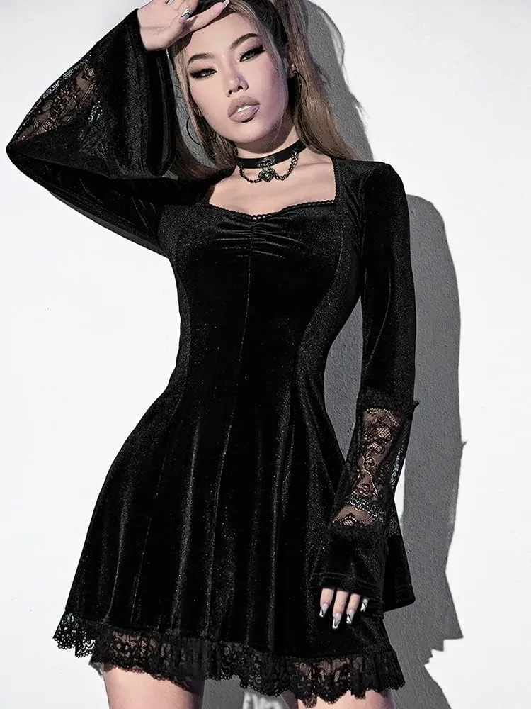 Women Gothic Dress,Flare Sleeve Velvet Dress Black Lace Goth Vintage Dresses Clothes
