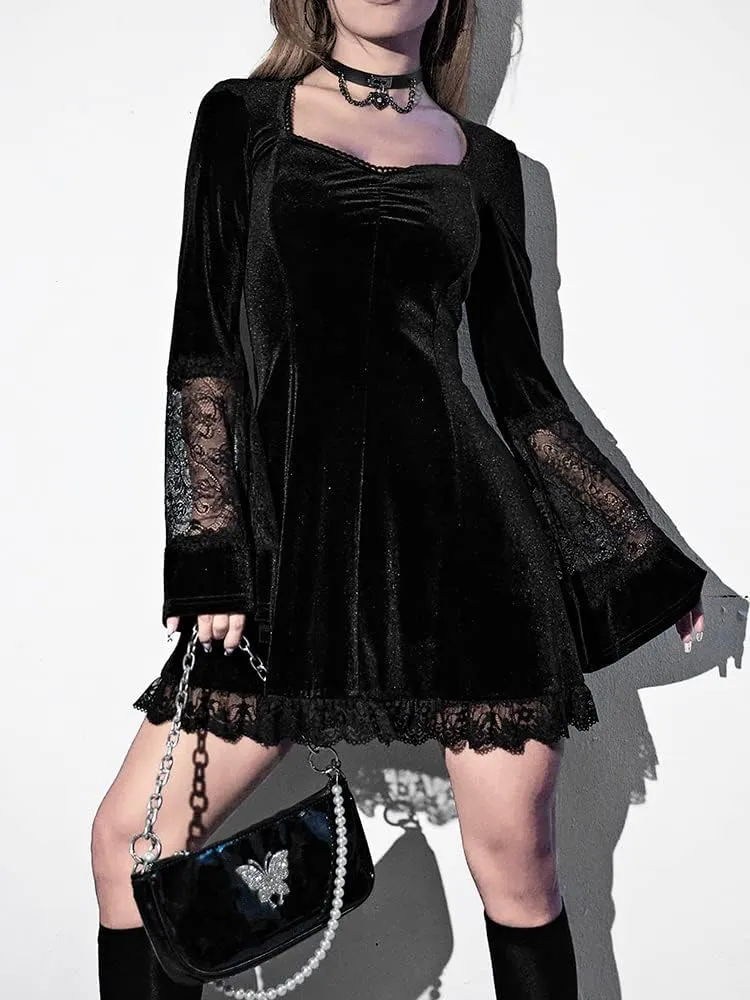 Women Gothic Dress,Flare Sleeve Velvet Dress Black Lace Goth Vintage Dresses Clothes