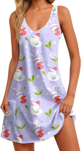Women Summer Dresses 2025 Beach Swimsuit Coverup Printed V Neck Dress with Pocket Vacation Sleeveless Sundress