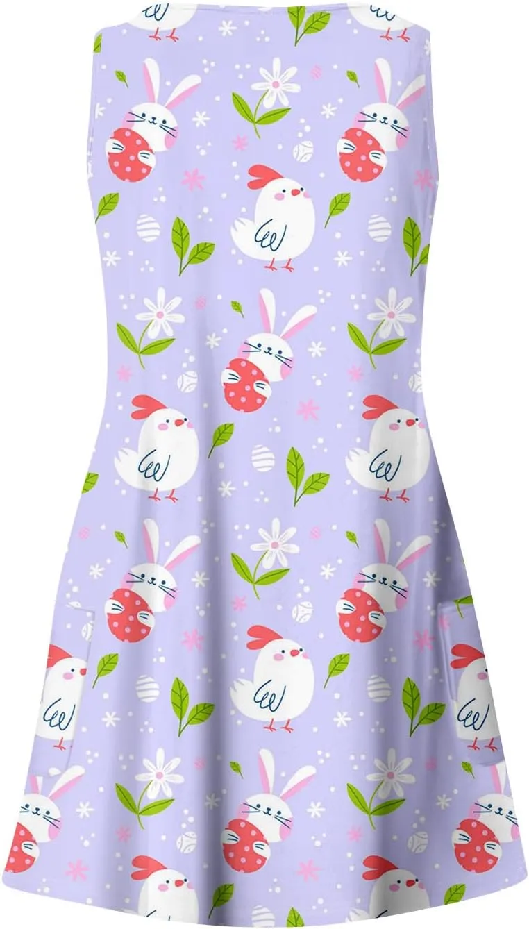 Women Summer Dresses 2025 Beach Swimsuit Coverup Printed V Neck Dress with Pocket Vacation Sleeveless Sundress