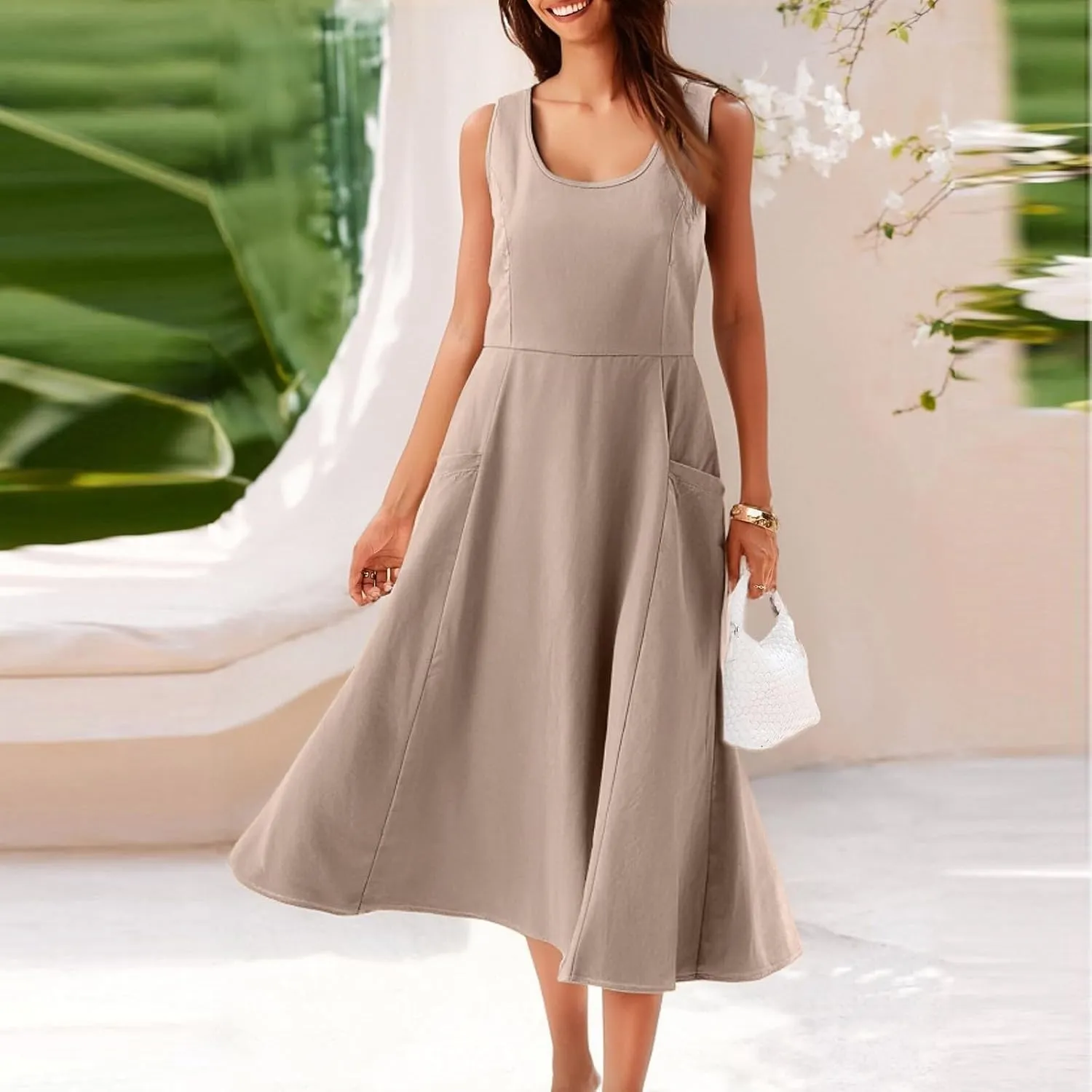Womens 2025 Spring Summer Square Neck Sleeveless Flowy Swing Midi Dress Wedding Guest Prom Cocktail Party Dress