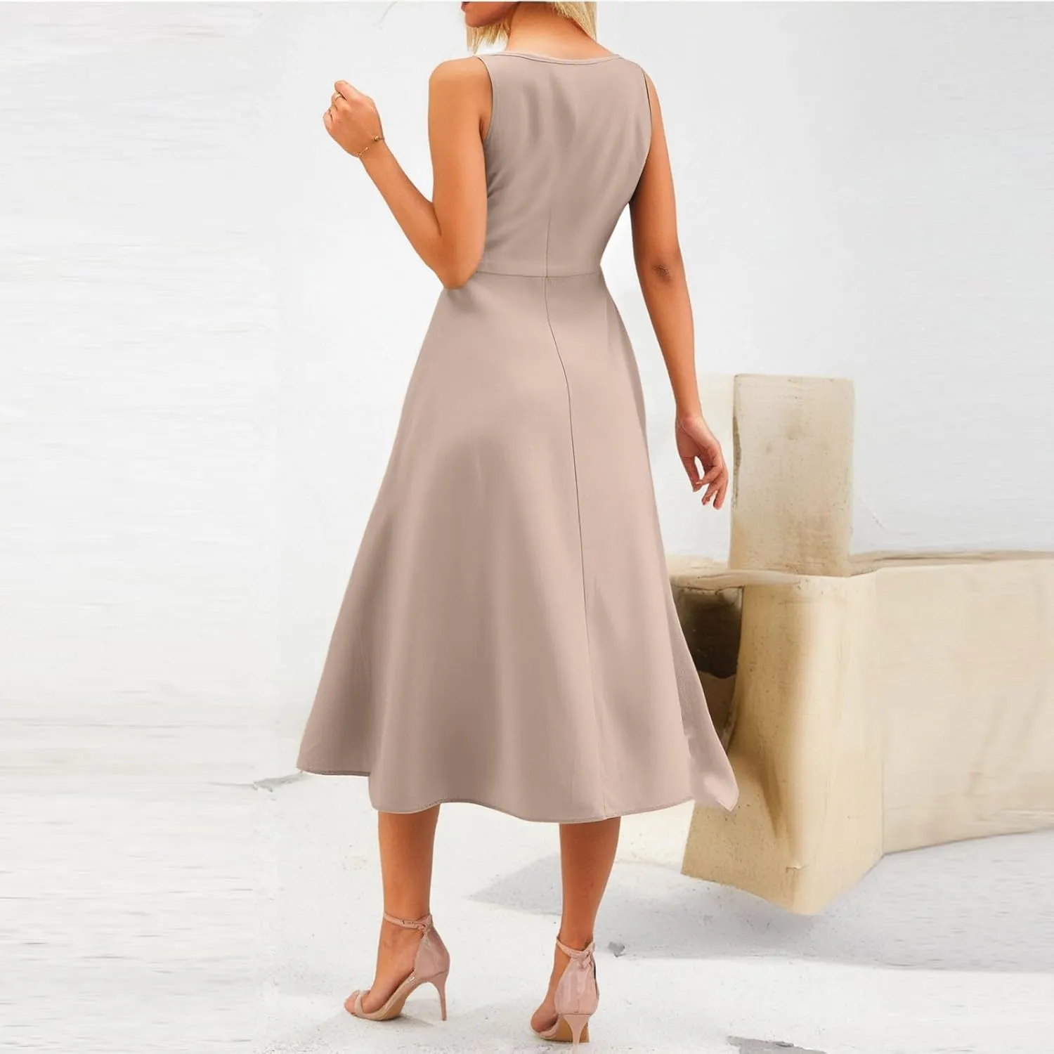 Womens 2025 Spring Summer Square Neck Sleeveless Flowy Swing Midi Dress Wedding Guest Prom Cocktail Party Dress