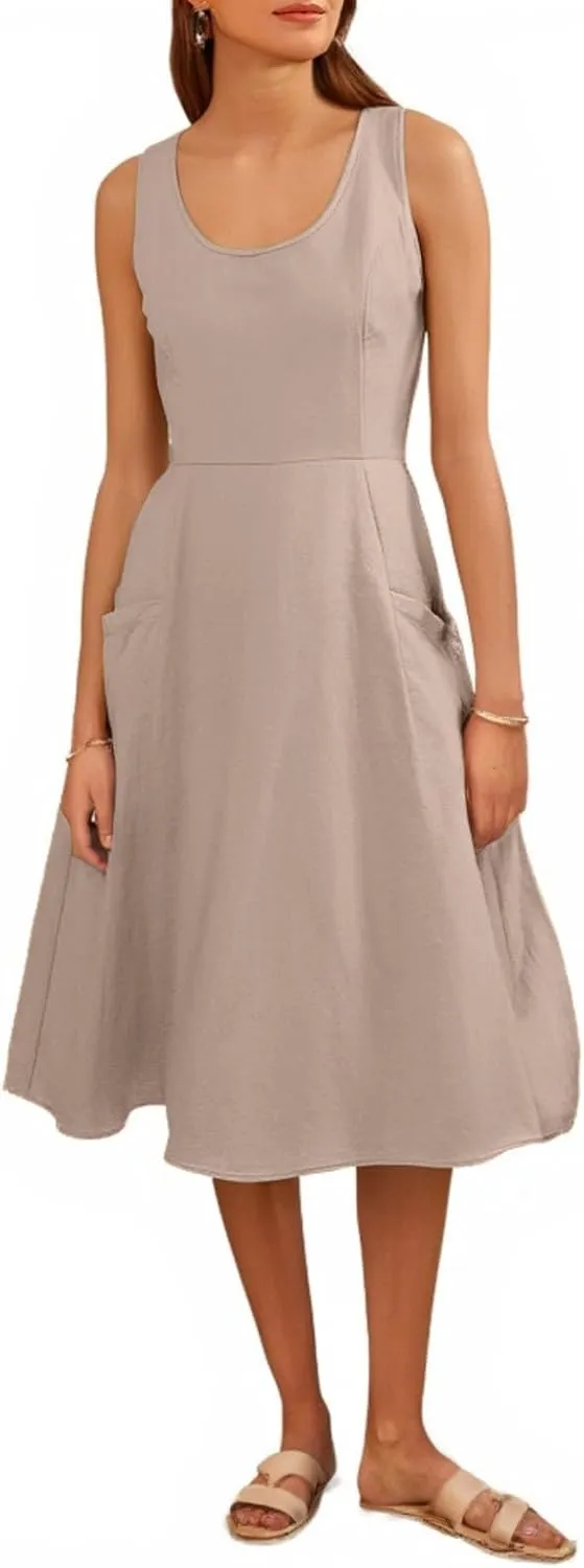 Womens 2025 Spring Summer Square Neck Sleeveless Flowy Swing Midi Dress Wedding Guest Prom Cocktail Party Dress