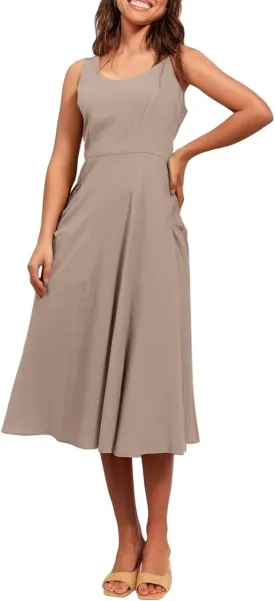 Womens 2025 Spring Summer Square Neck Sleeveless Flowy Swing Midi Dress Wedding Guest Prom Cocktail Party Dress