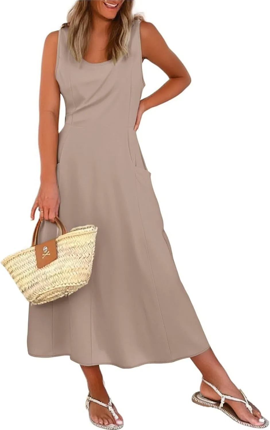 Womens 2025 Spring Summer Square Neck Sleeveless Flowy Swing Midi Dress Wedding Guest Prom Cocktail Party Dress