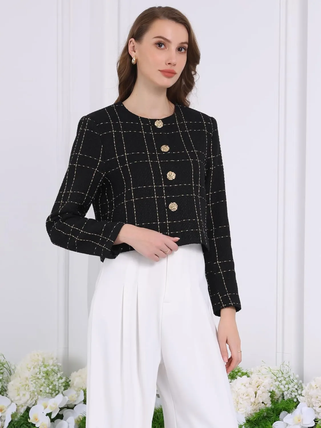 Women's Collarless Blazer Plaid Button Front Crop Tweed Jacket