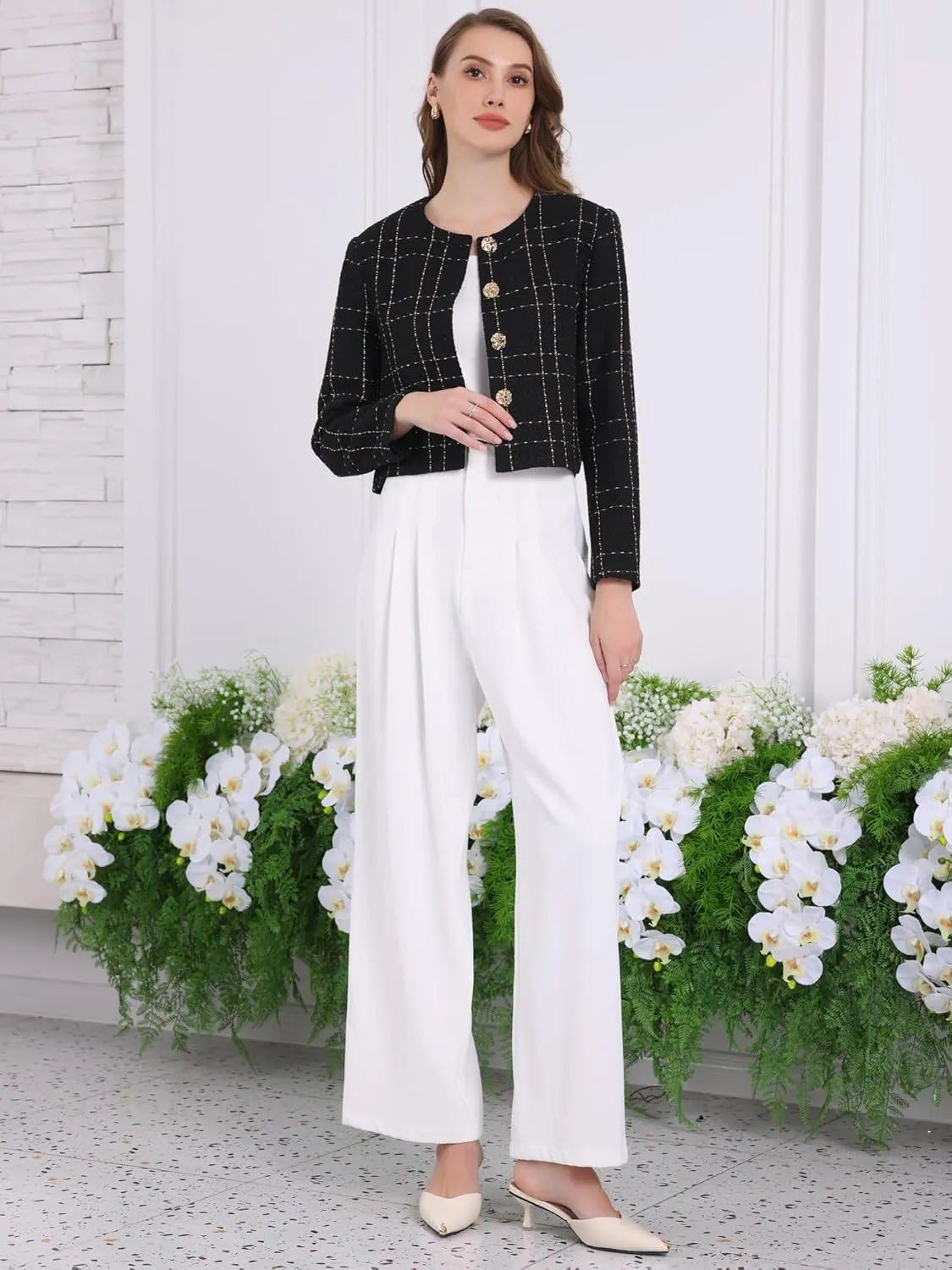 Women's Collarless Blazer Plaid Button Front Crop Tweed Jacket