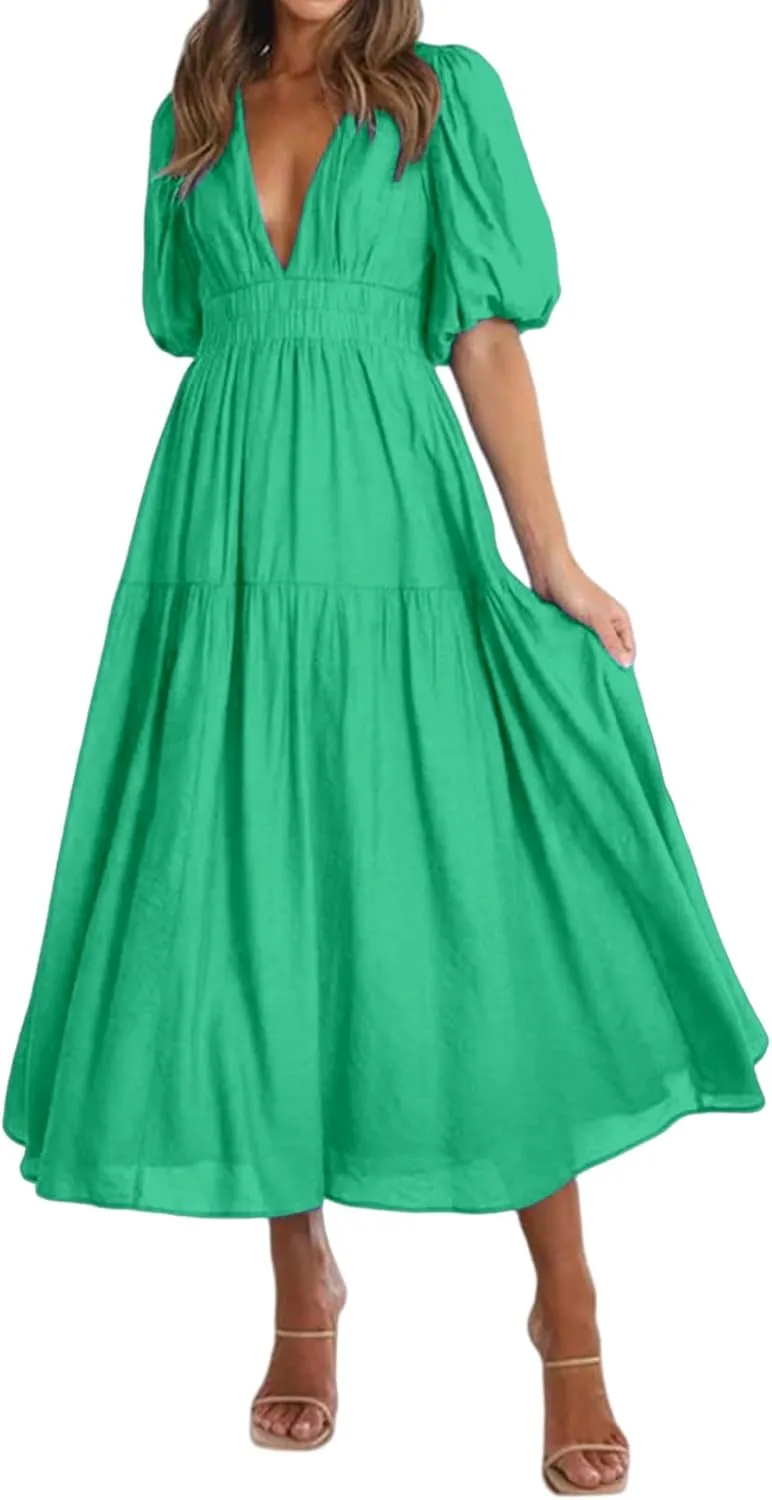 Womens Maxi Dress Deep V Neck Puff Short Sleeve Tiered Dresses Elastic High Waist Flowy A Line Dresses Party Dress