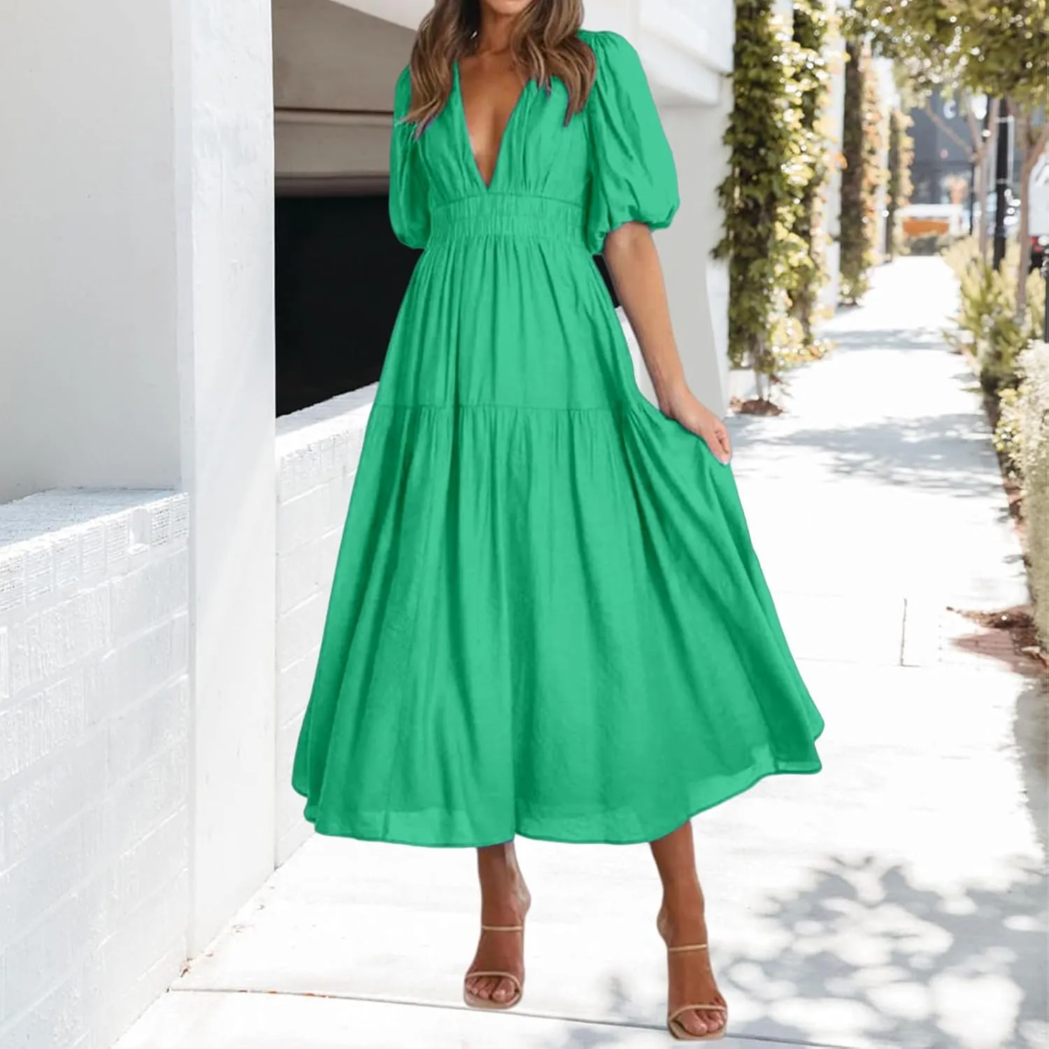 Womens Maxi Dress Deep V Neck Puff Short Sleeve Tiered Dresses Elastic High Waist Flowy A Line Dresses Party Dress
