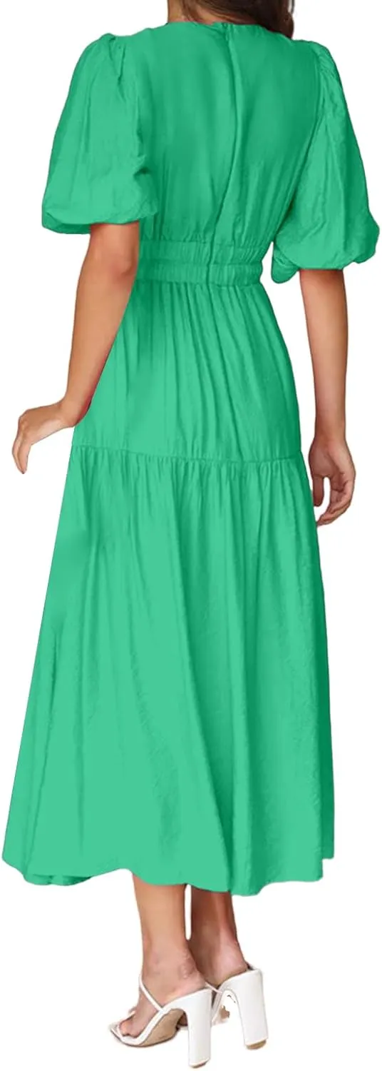 Womens Maxi Dress Deep V Neck Puff Short Sleeve Tiered Dresses Elastic High Waist Flowy A Line Dresses Party Dress