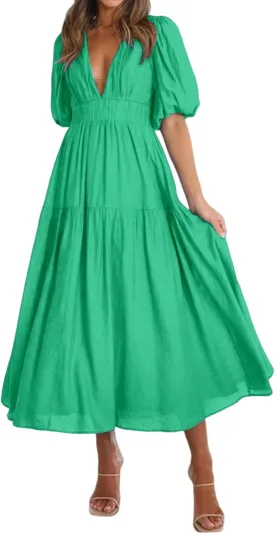 Womens Maxi Dress Deep V Neck Puff Short Sleeve Tiered Dresses Elastic High Waist Flowy A Line Dresses Party Dress Womens Maxi Dress Deep V Neck Puff Short Sleeve Tiered Dresses Elastic High Waist Flowy A Line Dresses Party Dress