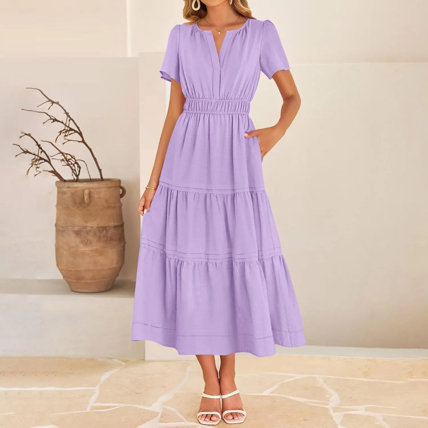 Women's Midi Dresses 2025 Summer Casual Short Sleeve V Neck Elastic Waist Elegant Boho Flowy Long Dress with Pocket