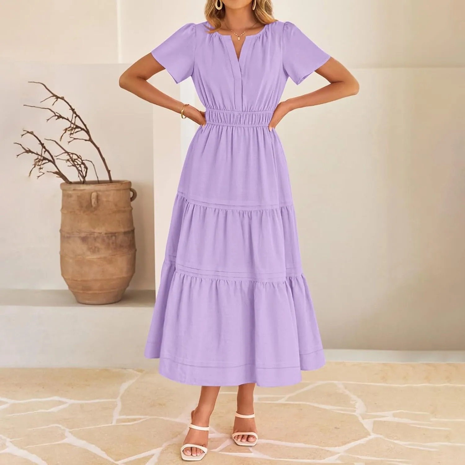 Women's Midi Dresses 2025 Summer Casual Short Sleeve V Neck Elastic Waist Elegant Boho Flowy Long Dress with Pocket