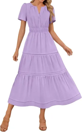 Women's Midi Dresses 2025 Summer Casual Short Sleeve V Neck Elastic Waist Elegant Boho Flowy Long Dress with Pocket
