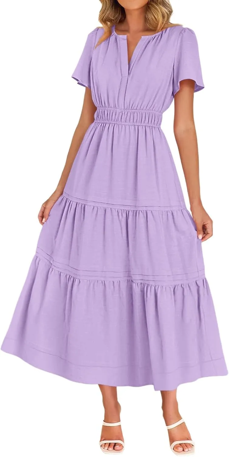 Women's Midi Dresses 2025 Summer Casual Short Sleeve V Neck Elastic Waist Elegant Boho Flowy Long Dress with Pocket