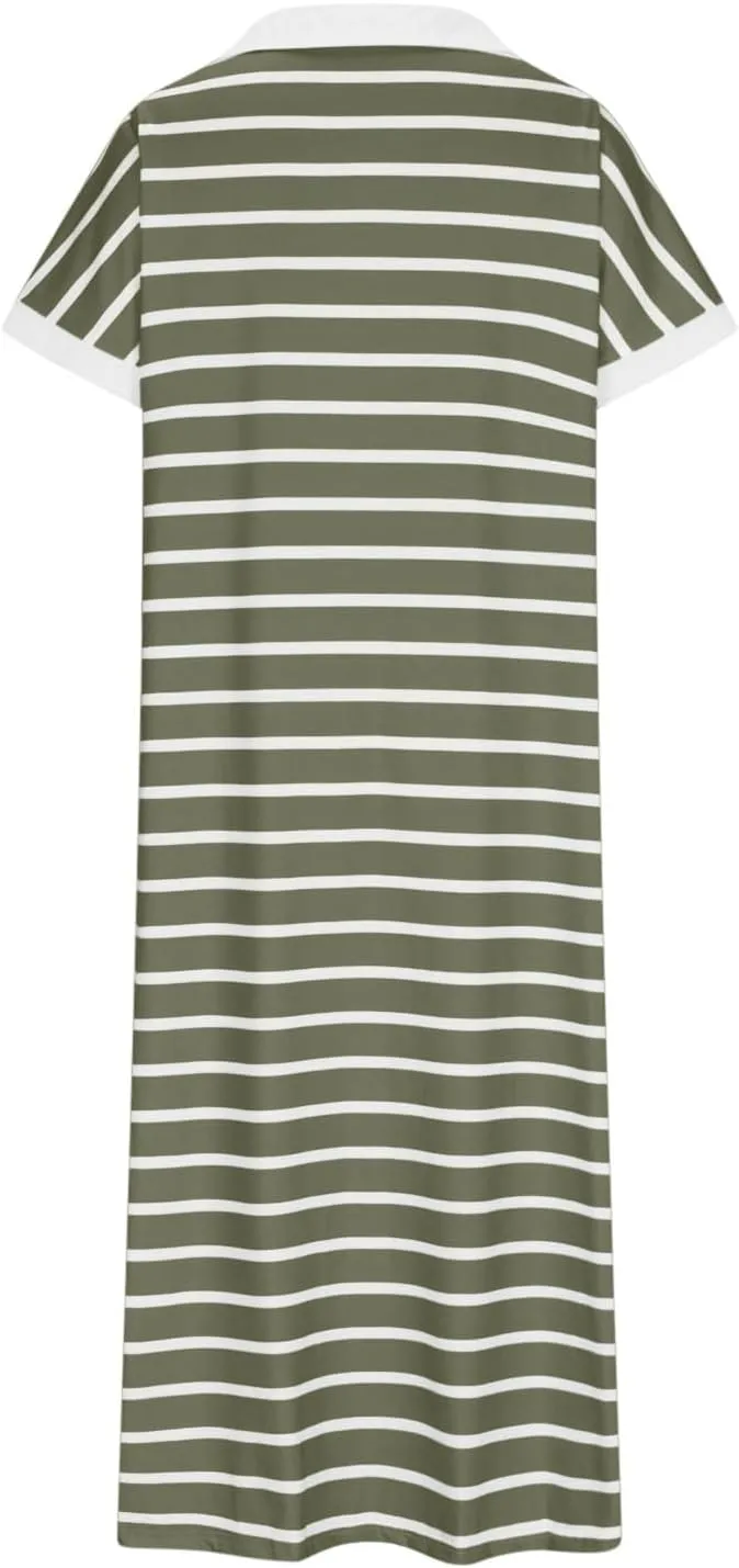 Womens Striped Summer Dresses Casual Short Sleeve V Neck Dress Knitted Collared Dress Side Slit Maxi Sweater Dresses