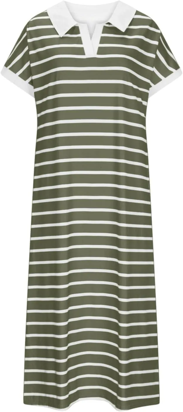 Womens Striped Summer Dresses Casual Short Sleeve V Neck Dress Knitted Collared Dress Side Slit Maxi Sweater Dresses