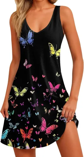 Women's Summer Dresses V Neck Vacation Swimsuit Coverup Casual Sleeveless Dress with Pocket 2025 Printed Sundress