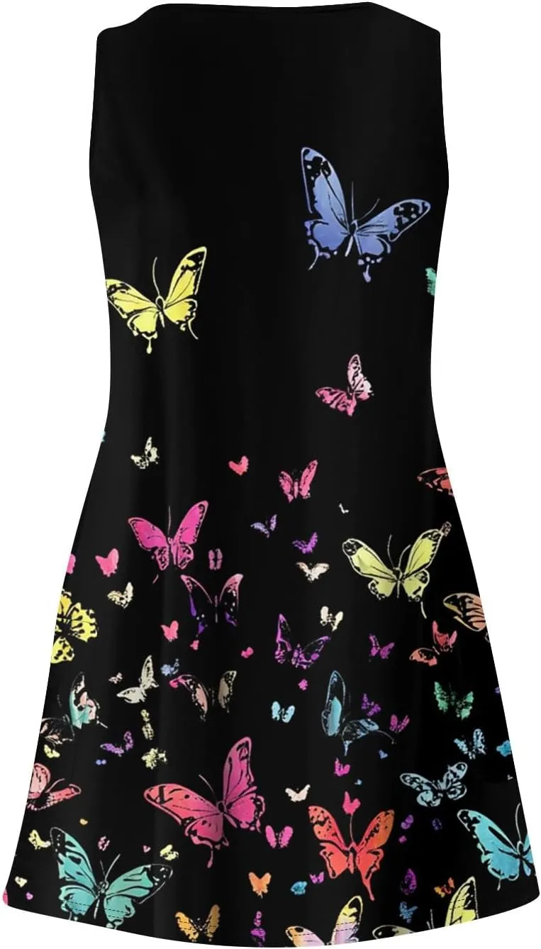 Women's Summer Dresses V Neck Vacation Swimsuit Coverup Casual Sleeveless Dress with Pocket 2025 Printed Sundress