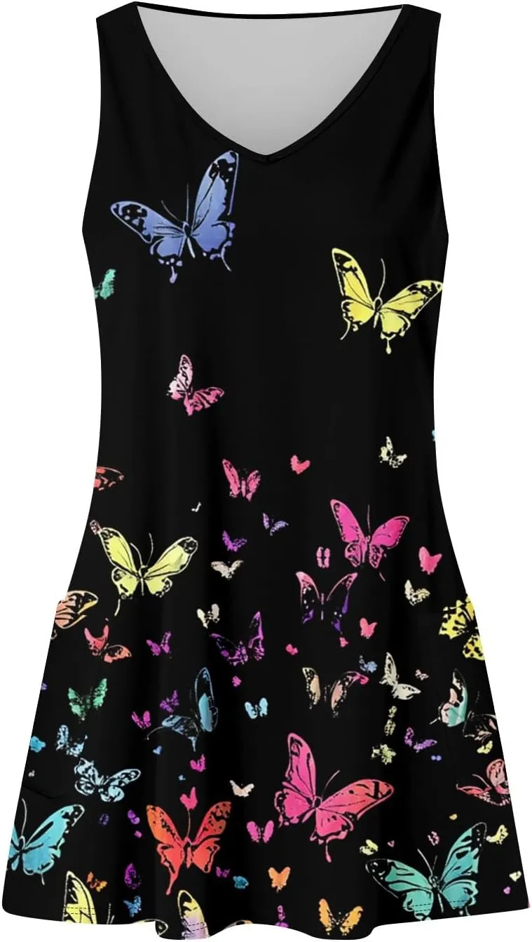 Women's Summer Dresses V Neck Vacation Swimsuit Coverup Casual Sleeveless Dress with Pocket 2025 Printed Sundress