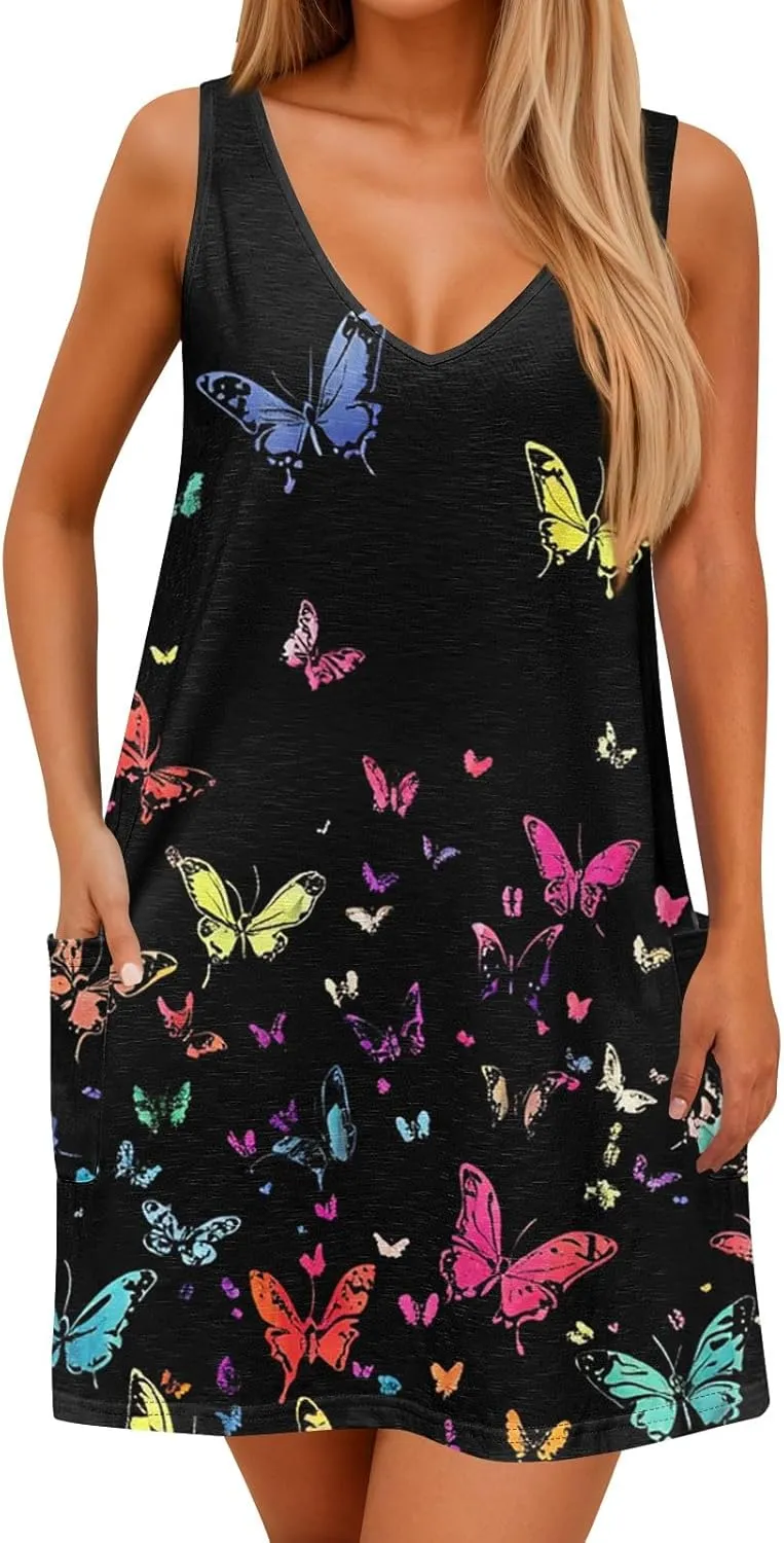 Women's Summer Dresses V Neck Vacation Swimsuit Coverup Casual Sleeveless Dress with Pocket 2025 Printed Sundress