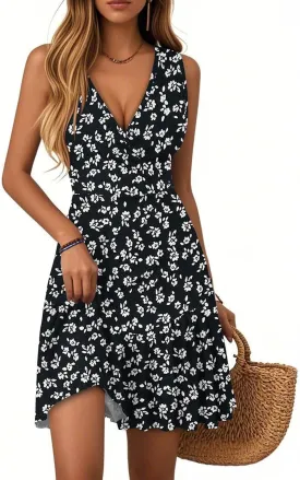Wrap Dress for Women 2025 Summer Sleeveless V Neck Casual Vacation Sundresses Sexy Floral Mini Beach Dresses