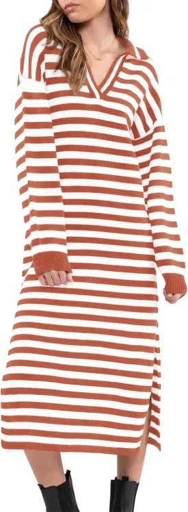 Yousify Sweater Dress for Women Long Sleeve Striped Color Block V Neck Casual Fall Dresses XS-XL