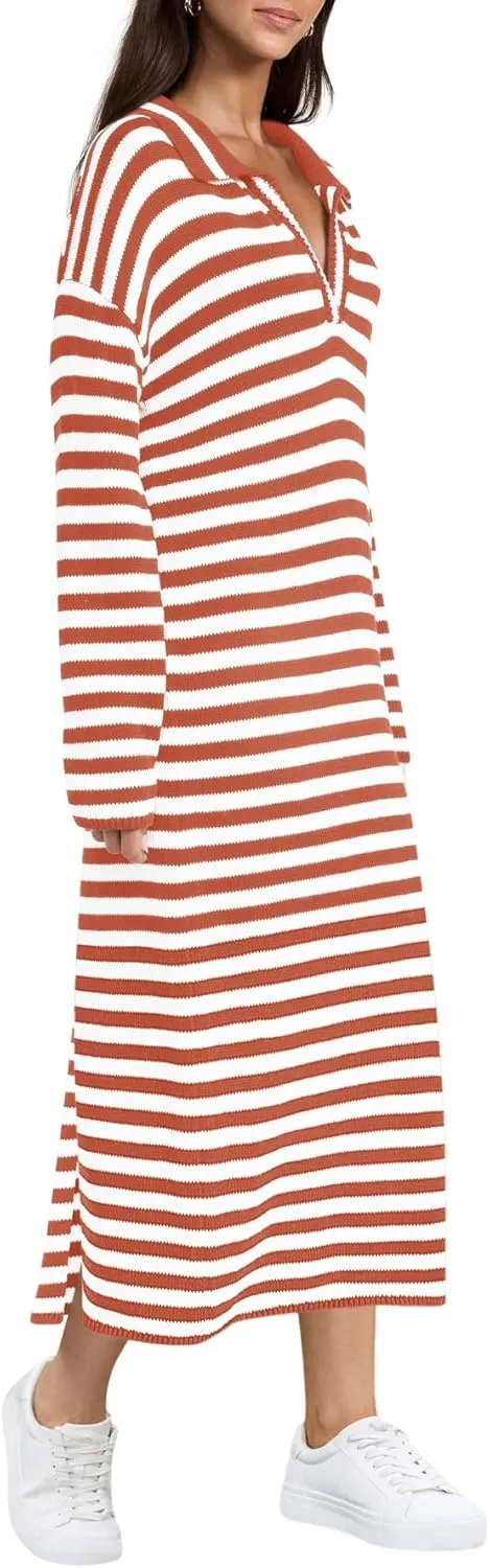 Yousify Sweater Dress for Women Long Sleeve Striped Color Block V Neck Casual Fall Dresses XS-XL