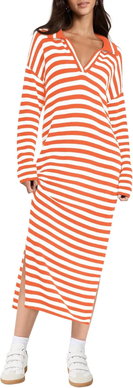 Yousify Sweater Dress for Women Long Sleeve Striped Color Block V Neck Casual Fall Dresses XS-XL
